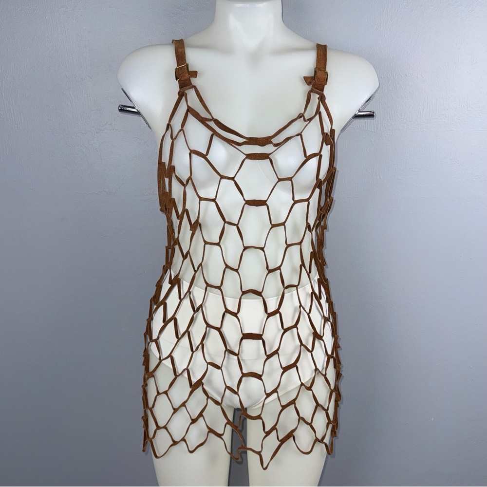 Unbranded Fishnet Suede Vest Top Brown M/L Festival‎ Sheer Boho Hippie *READ